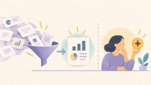 Datos empresariales resumidos en un informe junto a una decisión que permanece bajo control humano