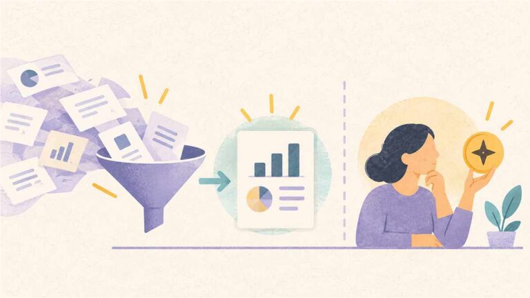 Datos empresariales resumidos en un informe junto a una decisión que permanece bajo control humano